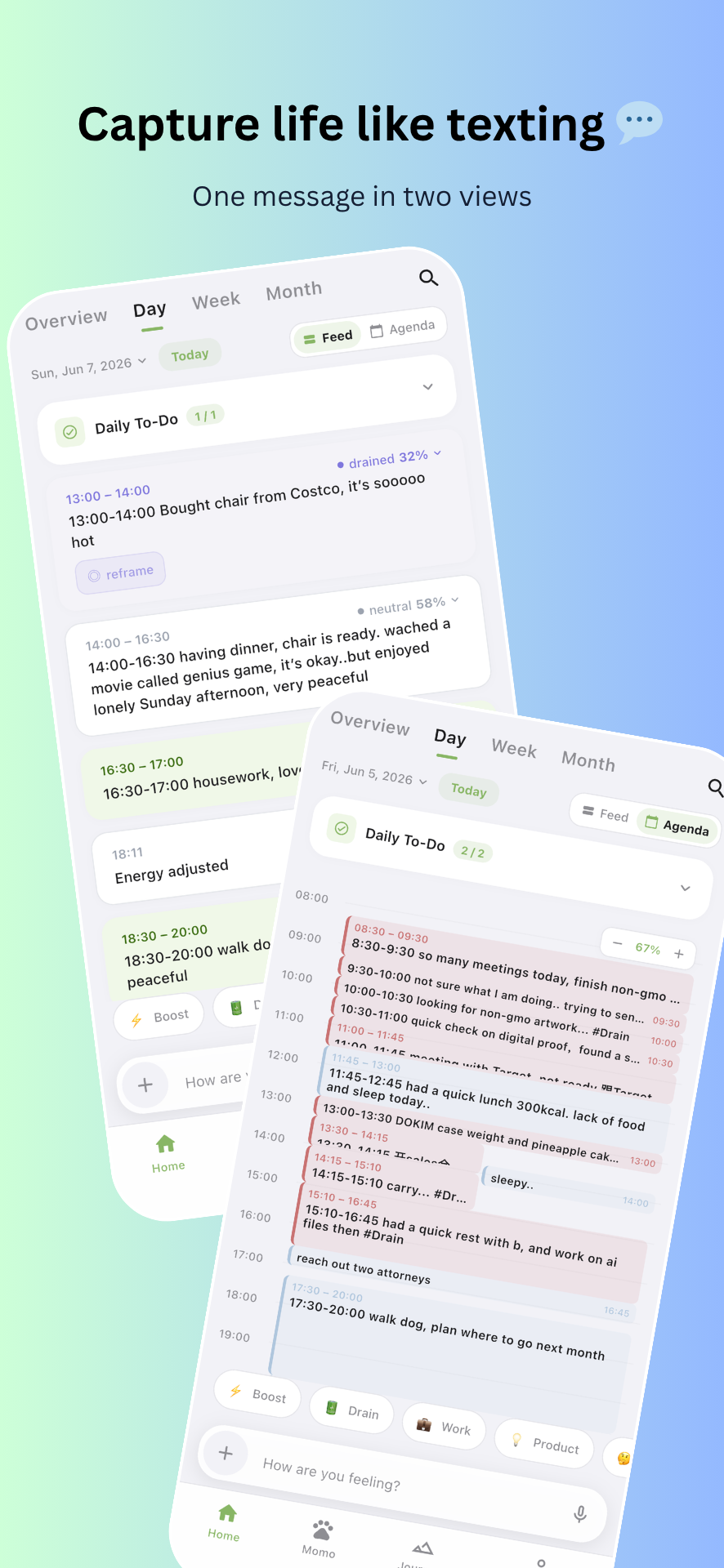 Inerday — capture life like texting, one message in two views